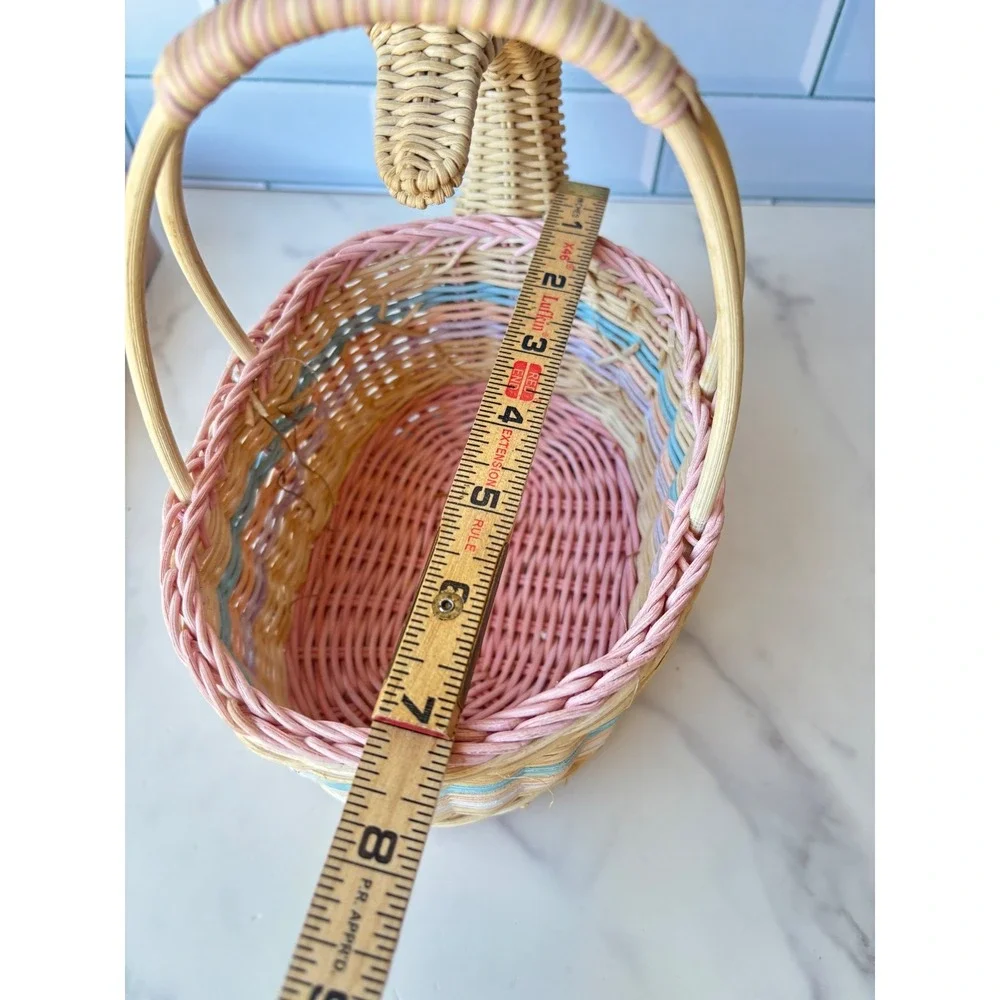 Vintage Woven Wicker Duck Basket Pastel Pink Blue Figural Animal Easter Decor